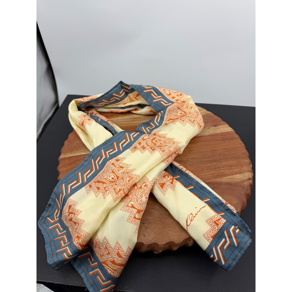 Anne Klein Vintage Silk Scarf Womens OS Cream Orange Blue Geometric Oblong Italy